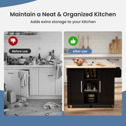 42 Inch Wood Rolling Kitchen Cart with Adjustable Shelves