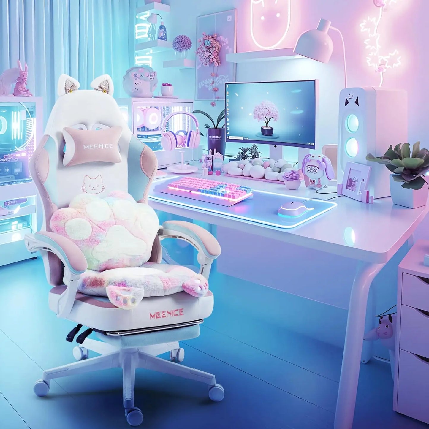 Cute Gaming Chair with Cat Ears & Paw Lumbar Cushion and Foot Rest