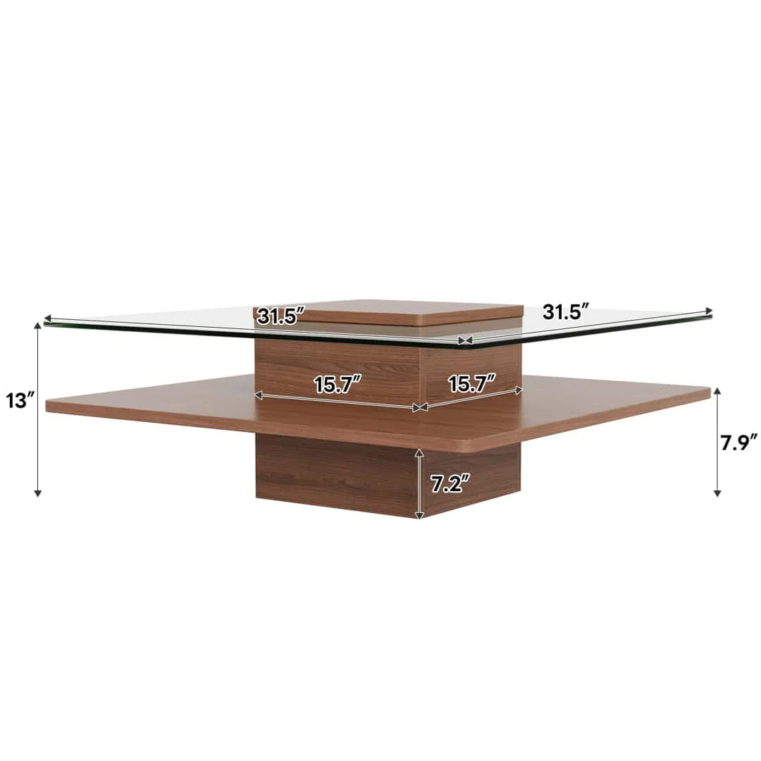 31.5" Square Coffee Table with Clear Tempered Glass Top and Bottom Storage Shelf for your Living Room