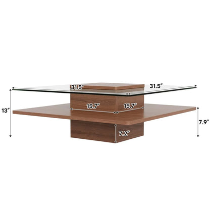 31.5" Square Coffee Table with Clear Tempered Glass Top and Bottom Storage Shelf for your Living Room