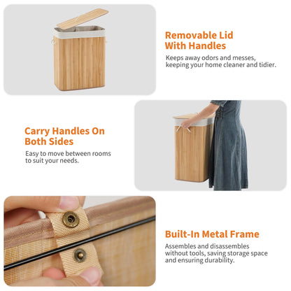 Foldable Large Bamboo Laundry Hamper with Removable 4-Section Liner