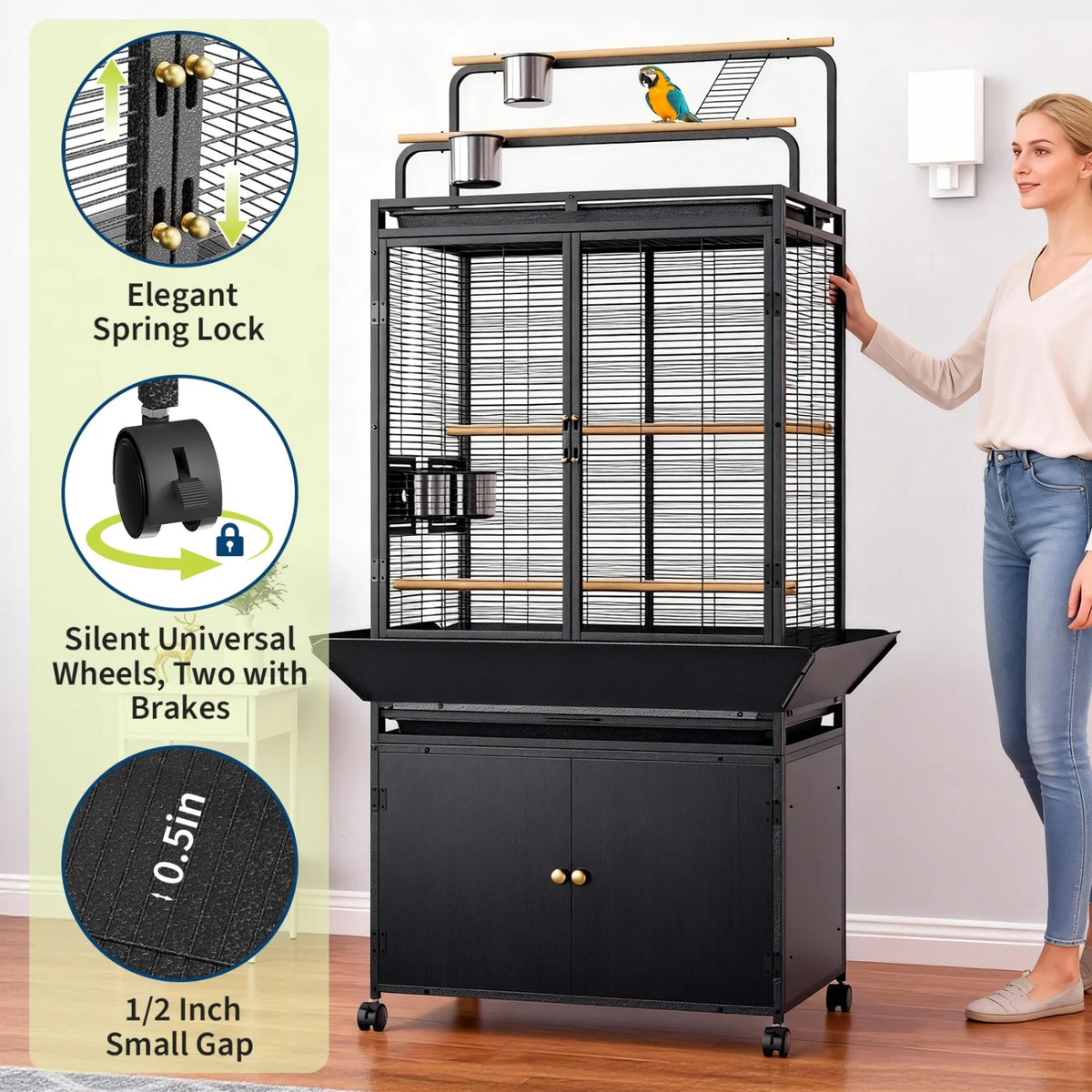 71" Extra Large Corner Rolling Bird Cage with Play Top & Storage Cabinet
