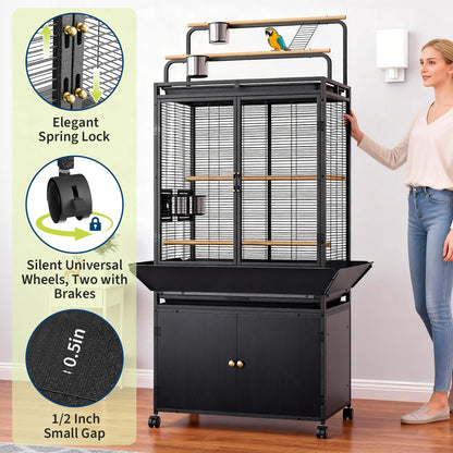 71" Extra Large Corner Rolling Bird Cage with Play Top & Storage Cabinet