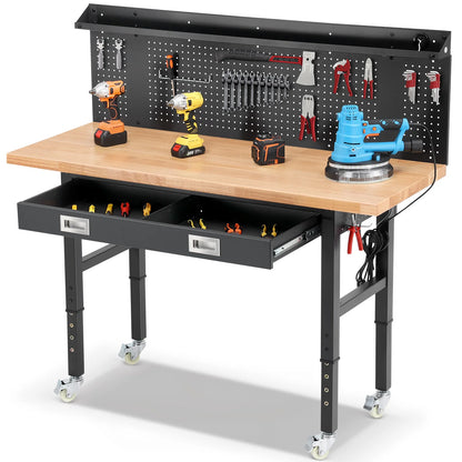 60 Inch Wood Work Bench with Led Lights, Drawers, and Pegboard