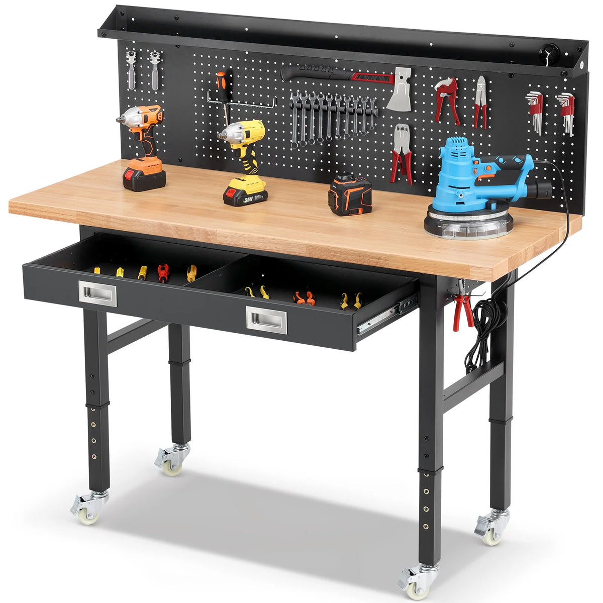60 Inch Wood Work Bench with Led Lights, Drawers, and Pegboard