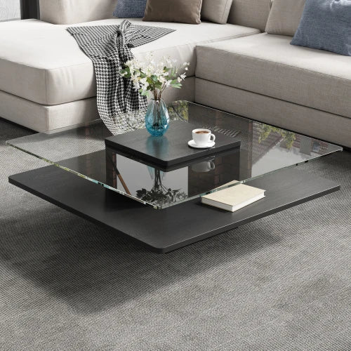 31.5" Square Coffee Table with Clear Tempered Glass Top and Bottom Storage Shelf for your Living Room