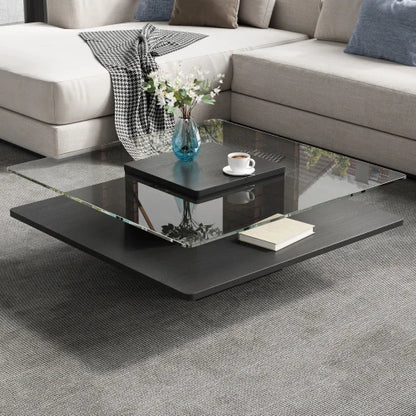 31.5" Square Coffee Table with Clear Tempered Glass Top and Bottom Storage Shelf for your Living Room