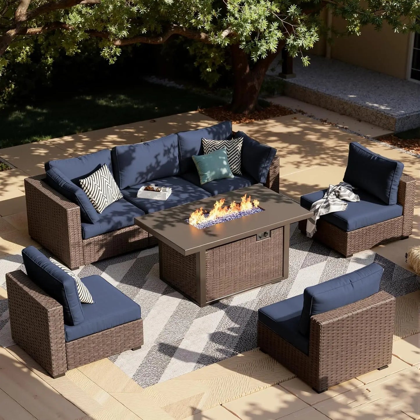 7-Piece Rattan Patio Furniture Set with 44" Fire Pit/Table