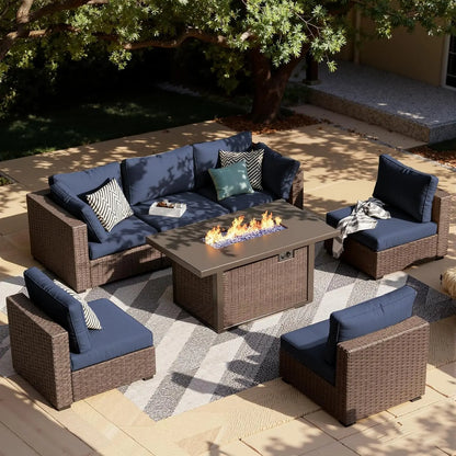 7-Piece Rattan Patio Furniture Set with 44" Fire Pit/Table