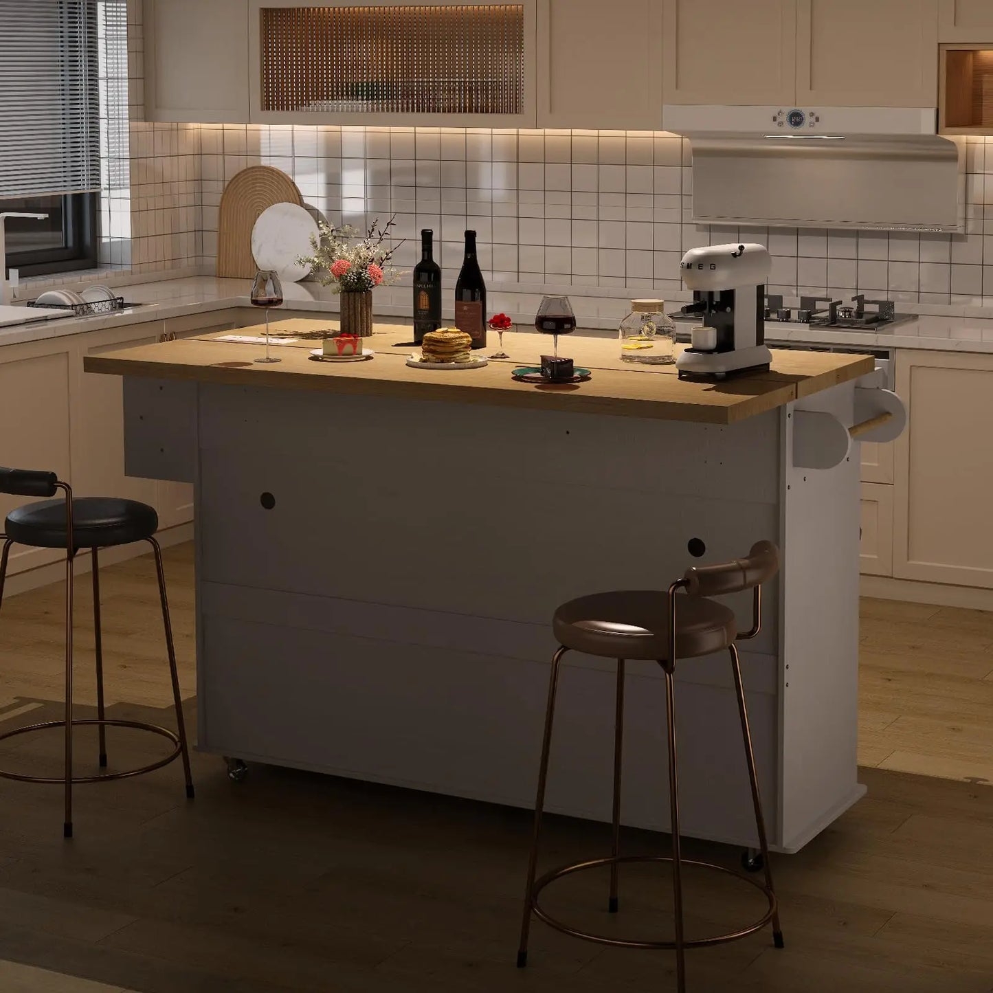 60" Rolling Kitchen Island with Drop Leaf, Power Outlet, and Trash Enclosure