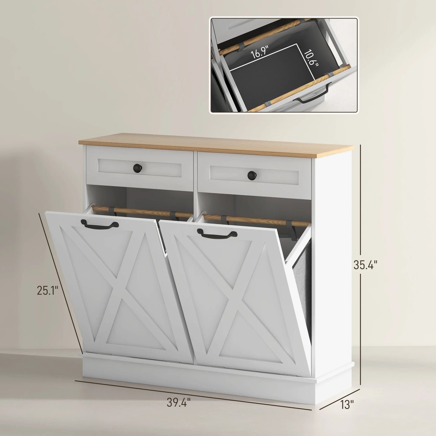 Tilt Out Laundry Hamper Cabinet with 2 pull-out drawers