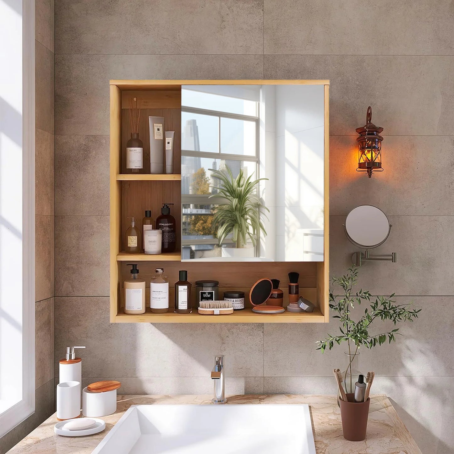 Bamboo Wall Bathroom Cabinet with Mirror and shelves