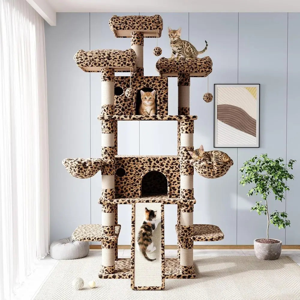 5 Level Tall Cat Tower in plush Leopard Print