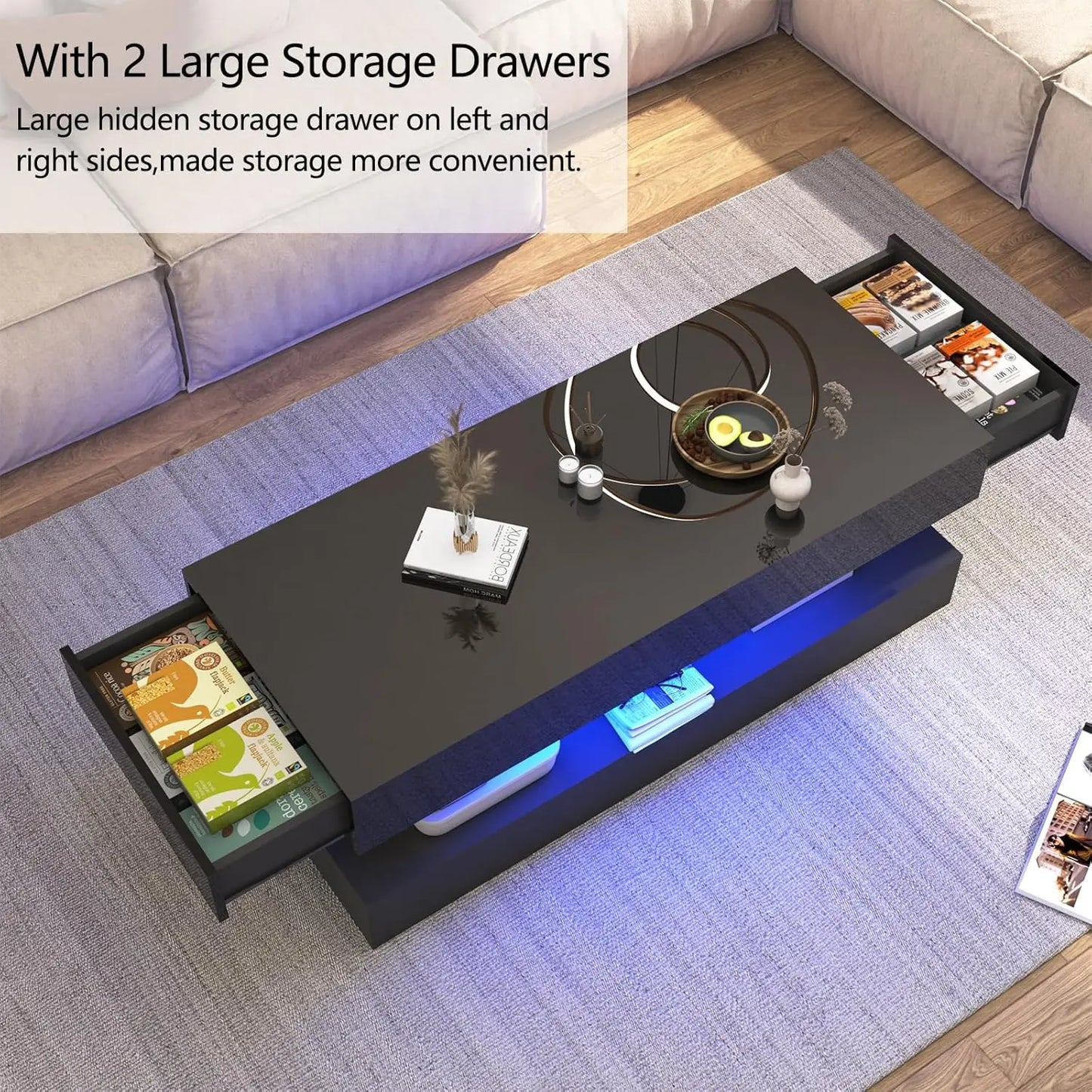 Modern Style Coffee Table with LED lights and slide out Storage Drawers for your Living Room