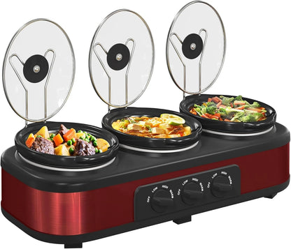 Removable 3 -1.5 Qt Red Ceramic Slow Cooker Pot set with separate Adjustable Temp controls and tempered Glass Lids