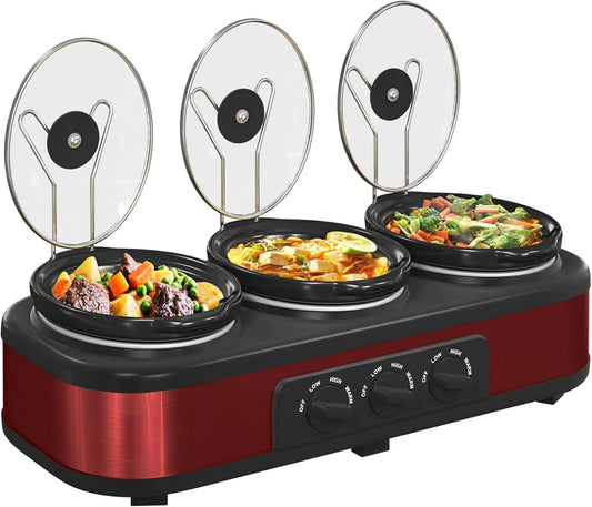 Removable 3 -1.5 Qt Red Ceramic Slow Cooker Pot set with separate Adjustable Temp controls and tempered Glass Lids