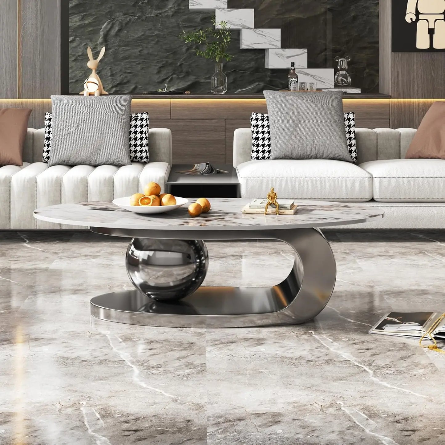 Modern Stainless Steel Pedestal Coffee Table with faux Marble Top