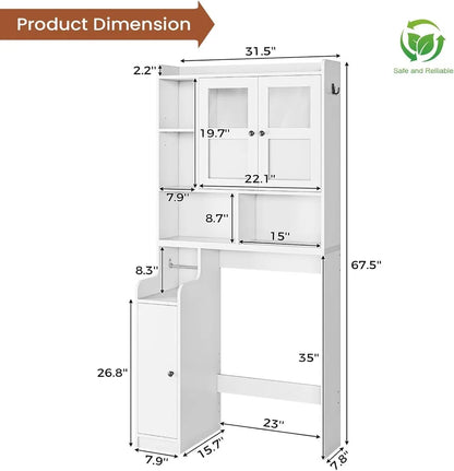 Over the Toilet Storage Cabinet with Glass Doors, Adjustable Shelves, and Toilet Paper Holder