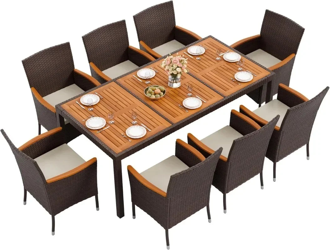 9 Piece Acacia Wood and Wicker Dining Patio Set with Chairs