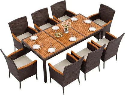 9 Piece Acacia Wood and Wicker Dining Patio Set with Chairs