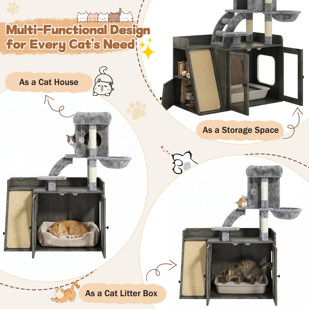 All in One Cat Tree and Litter Box Enclosure with LED Lighting