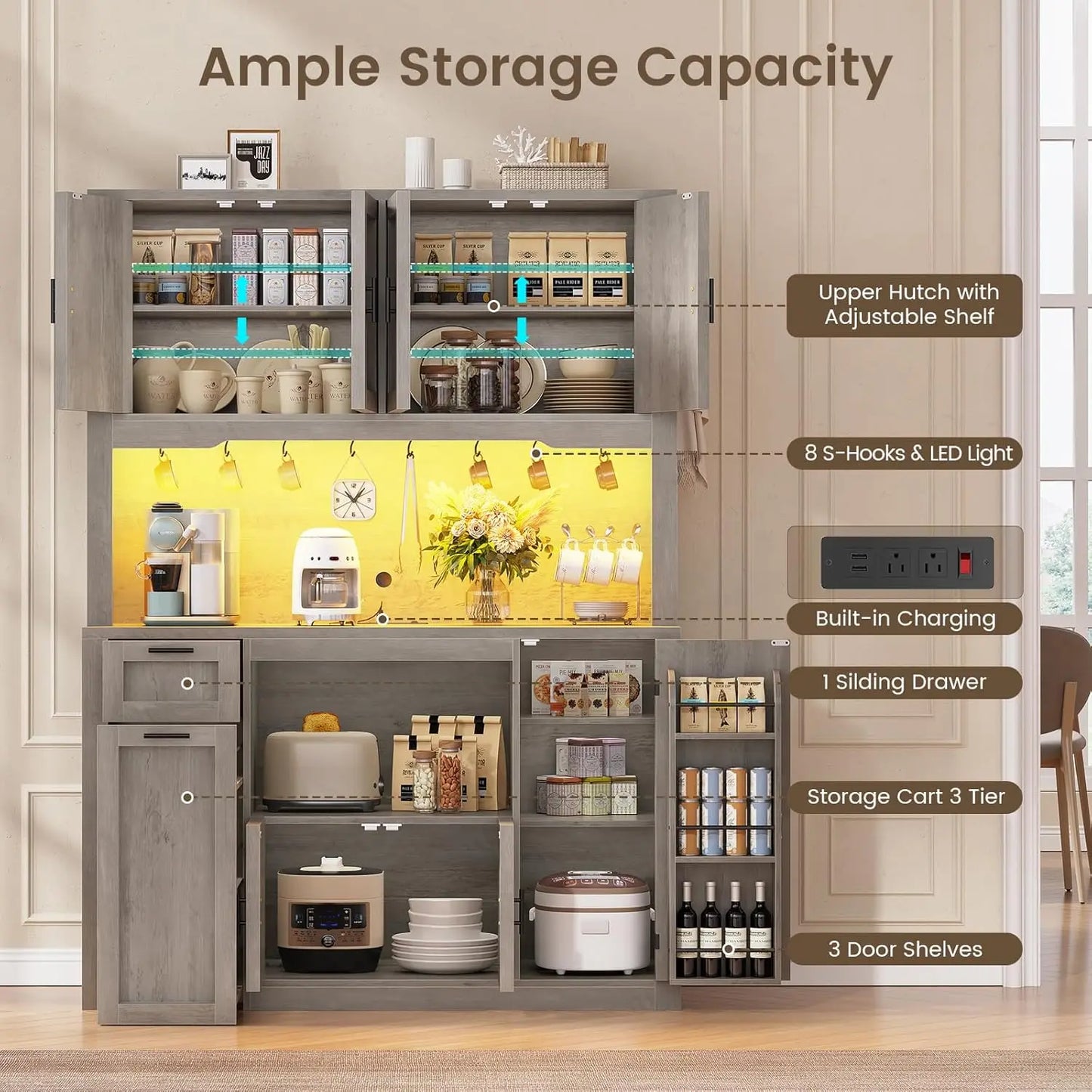 47inch Wide LED Pantry Cabinet with Charging Station