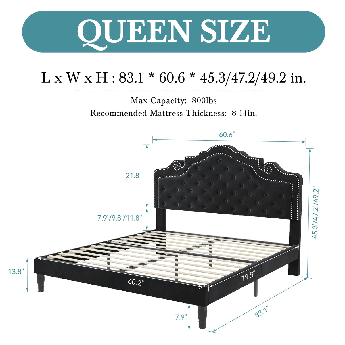 Full/Queen/King Size Velvet Bed Frame with Adjustable Upholstered Tufted Crystalline Headboard