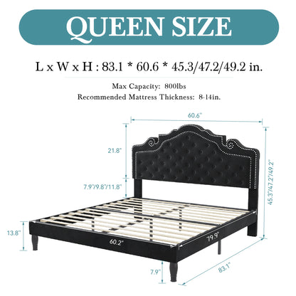 Full/Queen/King Size Velvet Bed Frame with Adjustable Upholstered Tufted Crystalline Headboard