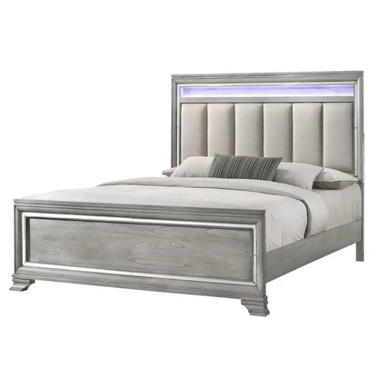 Modern Solid Wood King Size Panel Bed Frame with Nightstand and Integrated LED Lighting