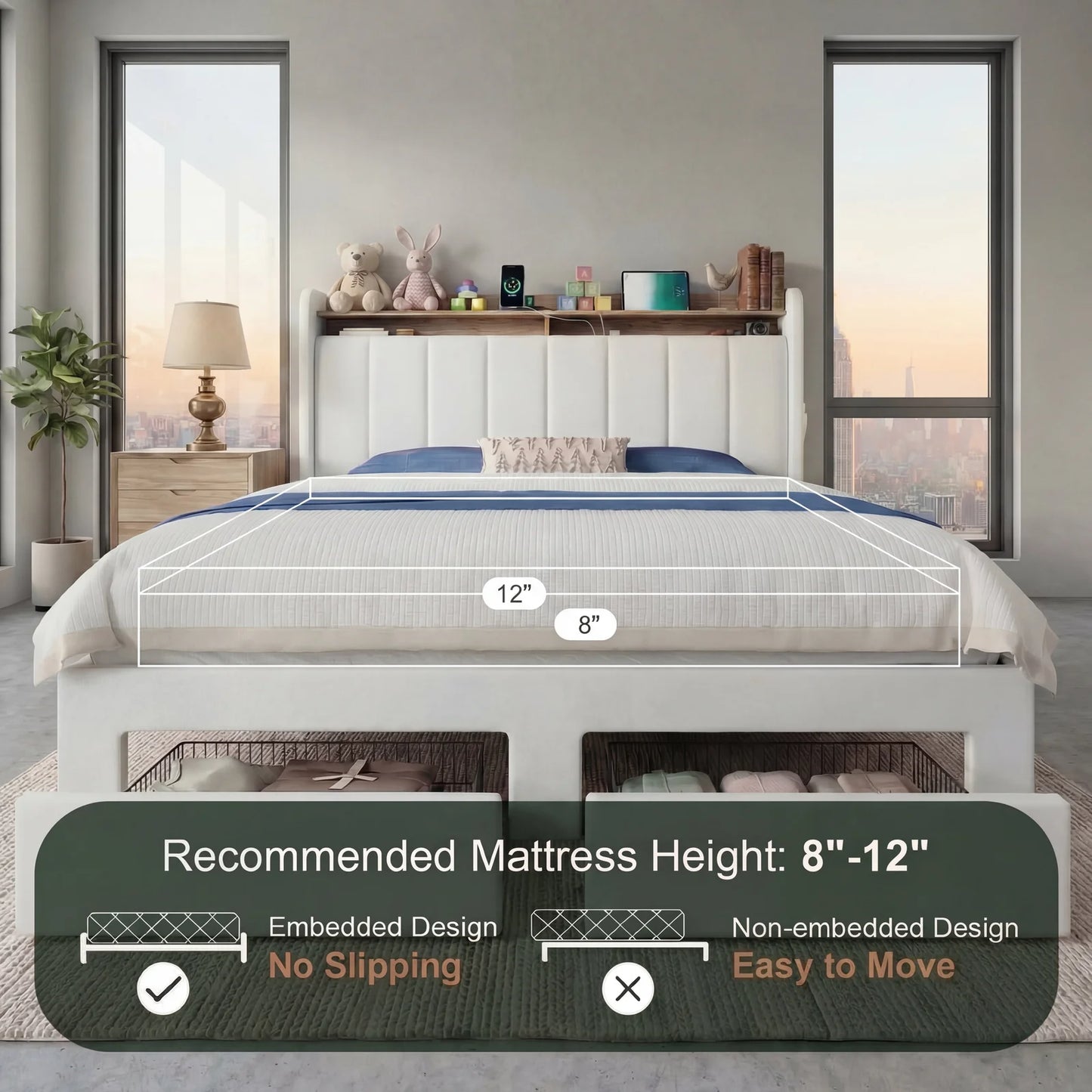 Velvet Full/Queen/King Bed Frame with 2 Storage Drawers,2-Tier Shelves with adjustable LED Light, and Charging Station