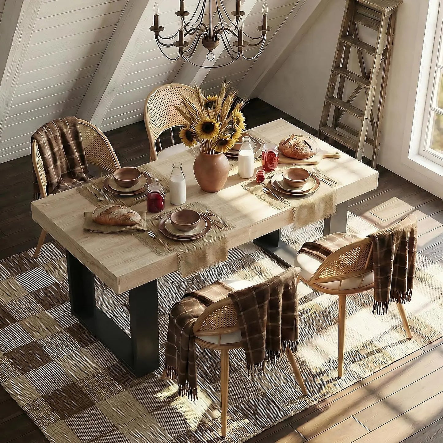 Modern Farmhouse Style Wood Dining Room Table Set with 4 Upholstered Chairs