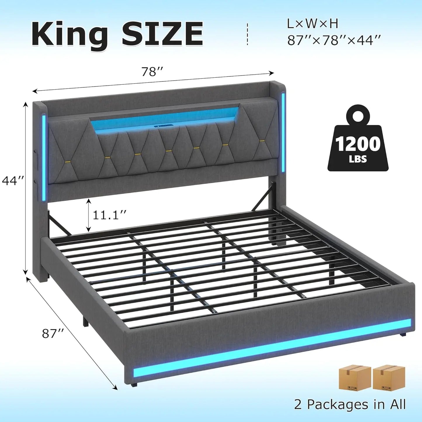 Upholstered King LED Bed Frame with Storage and Charging Station