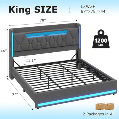 Upholstered King LED Bed Frame with Storage and Charging Station