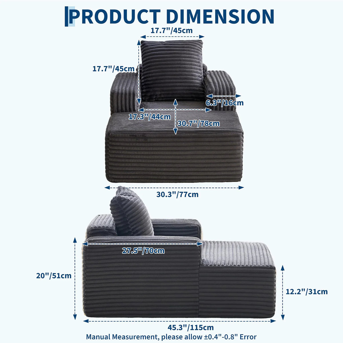 45'' Corduroy Cloud Chaise Lounge Sofa with Deep Seat and Wide Arm Rests