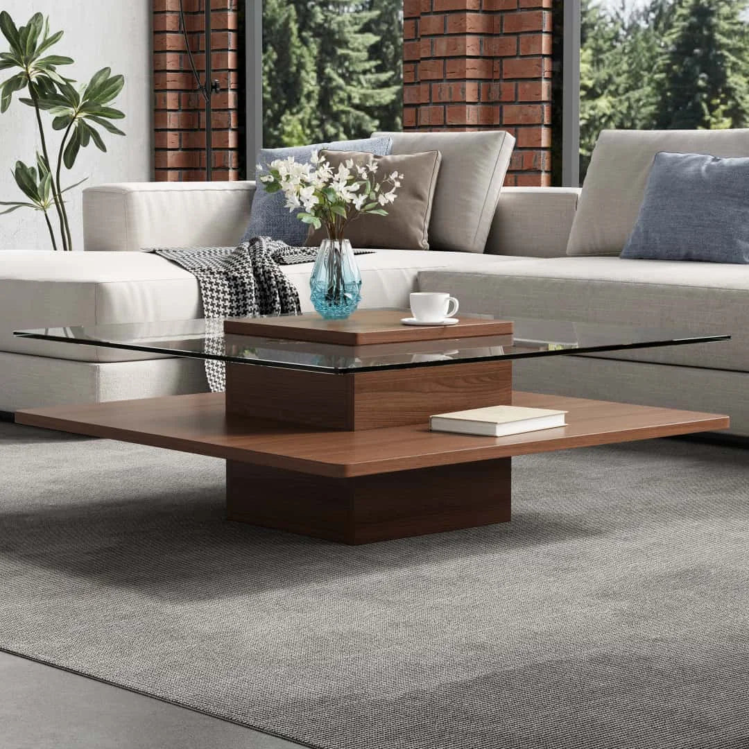 31.5" Square Coffee Table with Clear Tempered Glass Top and Bottom Storage Shelf for your Living Room