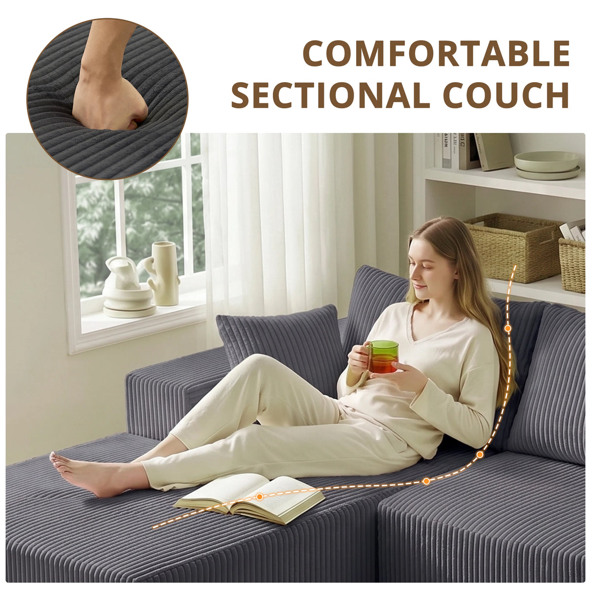 105 Inch L-Shaped Lumbar Support Sofa with Deep Seat