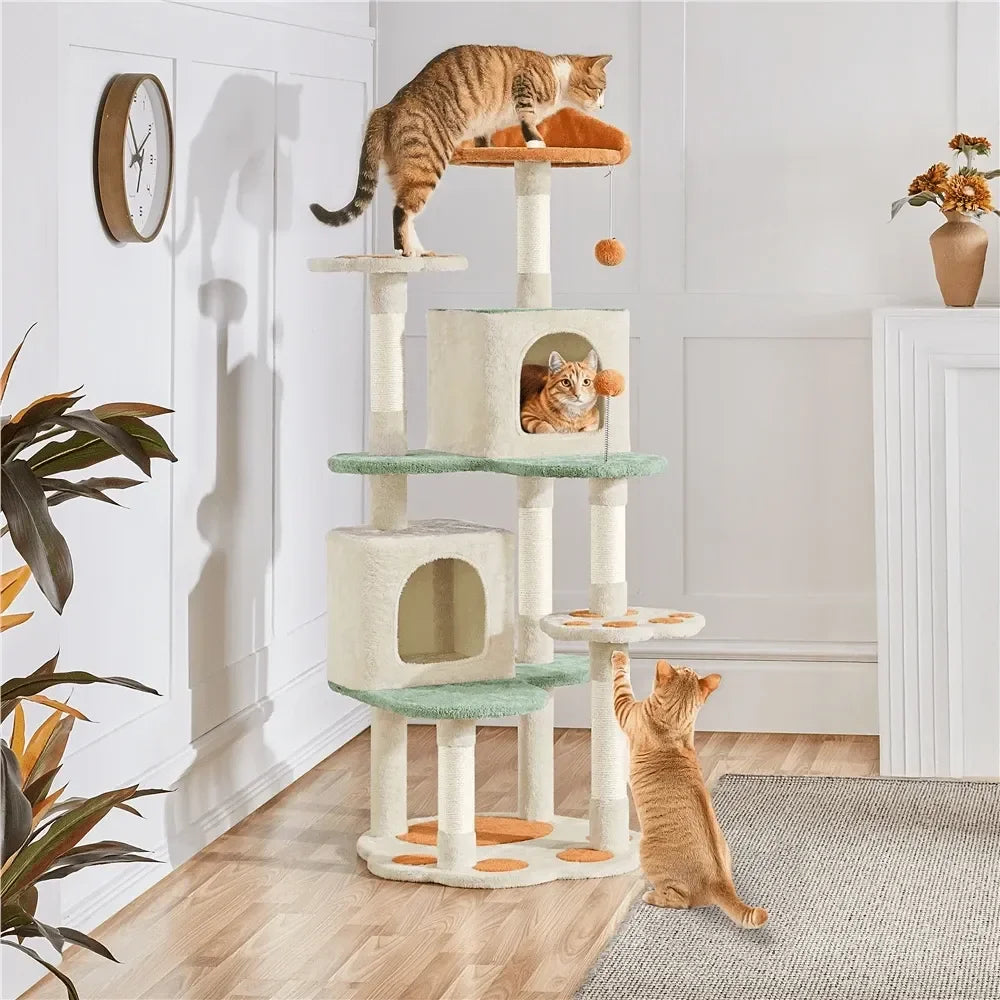 58-inch Paw Shaped Cat Tree with Plush Condos and Scratching Post