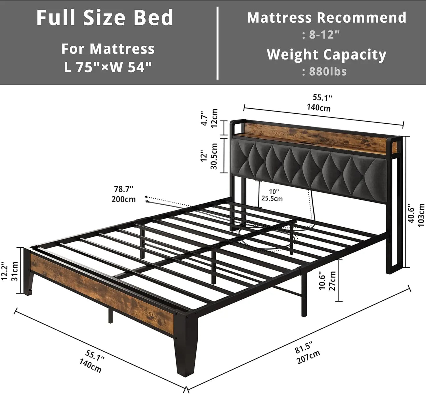 Twin/TwinXL/Full/Queen/King/ Bed Frames with Storage Headboard and Outlets