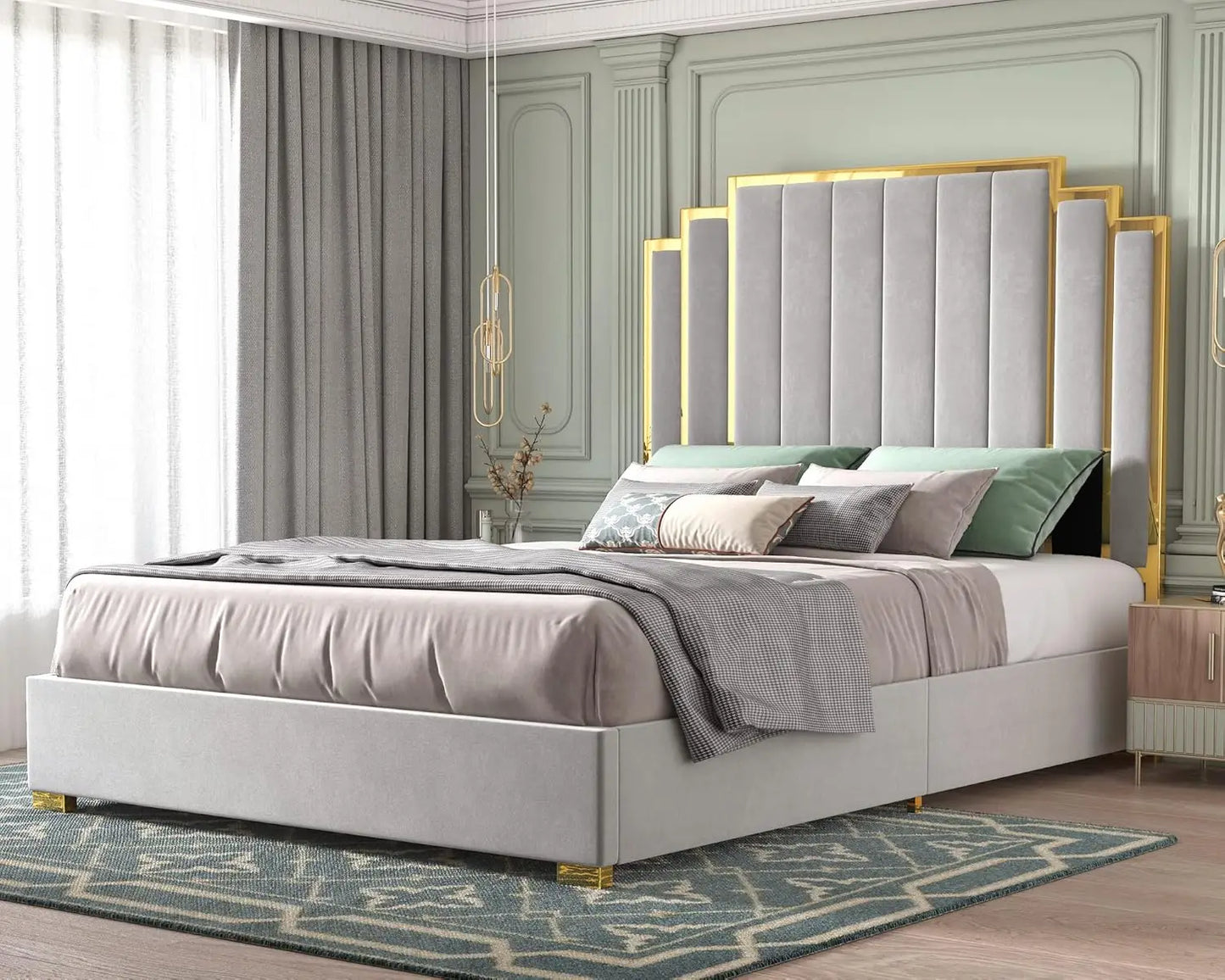 Upholstered Gold Trimmed Headboard and Platform Frame for a King size Bed