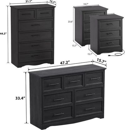 4 Piece Bedroom Furniture Set with 7 Drawer Dresser,6 Drawer Tall Dresser, 2-3 Drawer Nightstands with a Charging Station