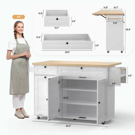 60" Rolling Kitchen Island with Drop Leaf, Power Outlet, and Trash Enclosure