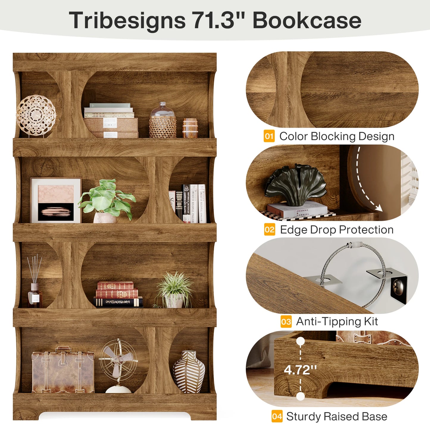 71" Tall  4-Tier Bookcase