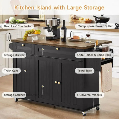 60-inch Kitchen Island with Power Outlet & Drop Leaf