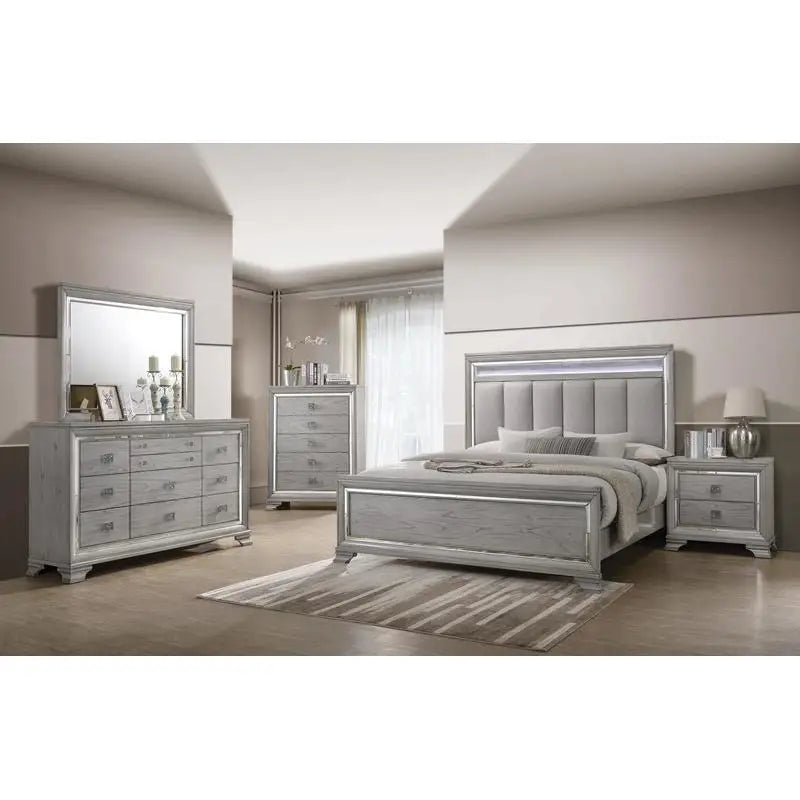 Modern Solid Wood King Size Panel Bed Frame with Nightstand and Integrated LED Lighting