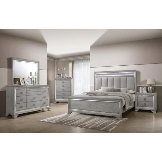 Modern Solid Wood King Size Panel Bed Frame with Nightstand and Integrated LED Lighting