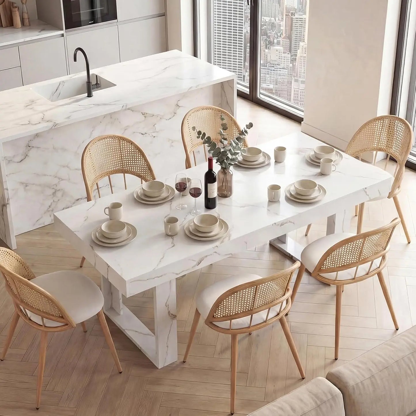 Modern Farmhouse Style Wood Dining Room Table Set with 4 Upholstered Chairs
