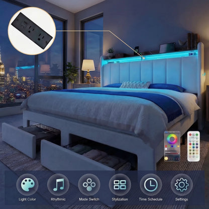 Velvet Full/Queen/King Bed Frame with 2 Storage Drawers,2-Tier Shelves with adjustable LED Light, and Charging Station