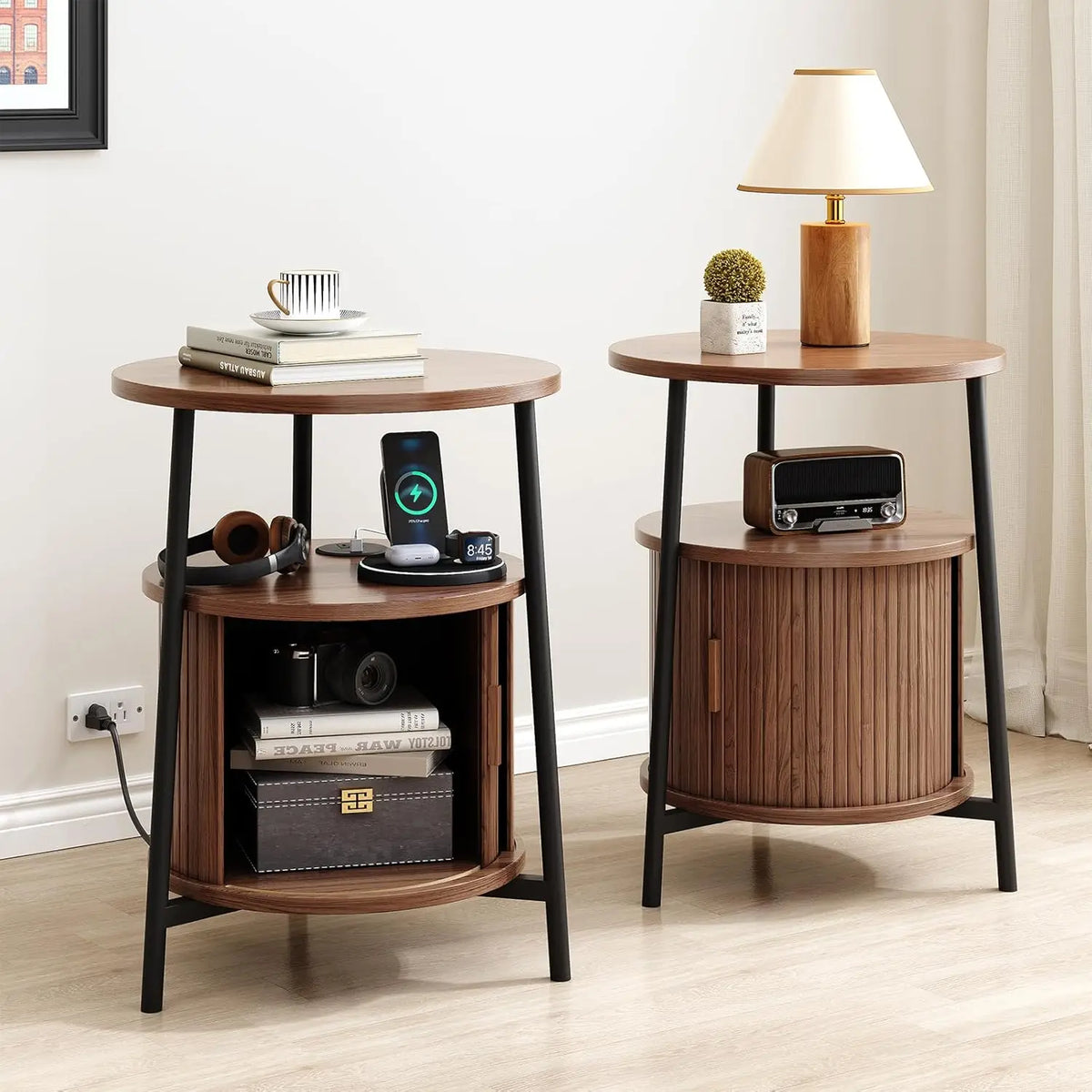 Fluted Round Nightstand with Charging Station for your Bedroom