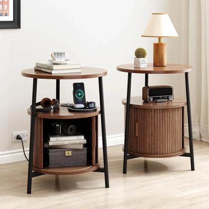 Fluted Round Nightstand with Charging Station for your Bedroom