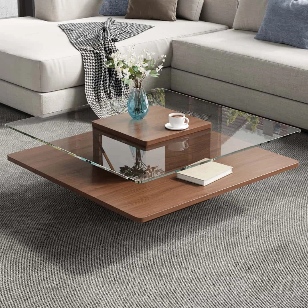 31.5" Square Coffee Table with Clear Tempered Glass Top and Bottom Storage Shelf for your Living Room